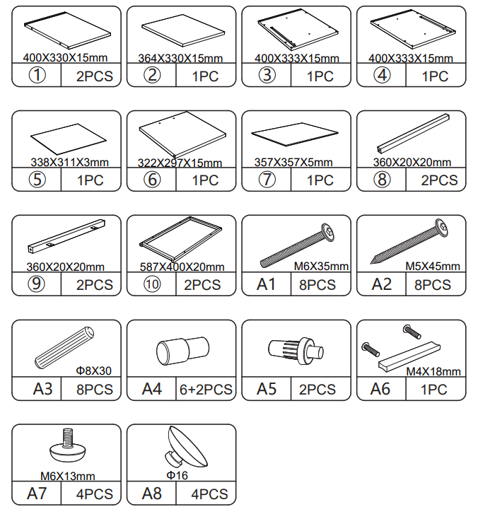 JAXPETY HG61T1260 Tempered Glass Nightstand with Cabinet - Hardware List