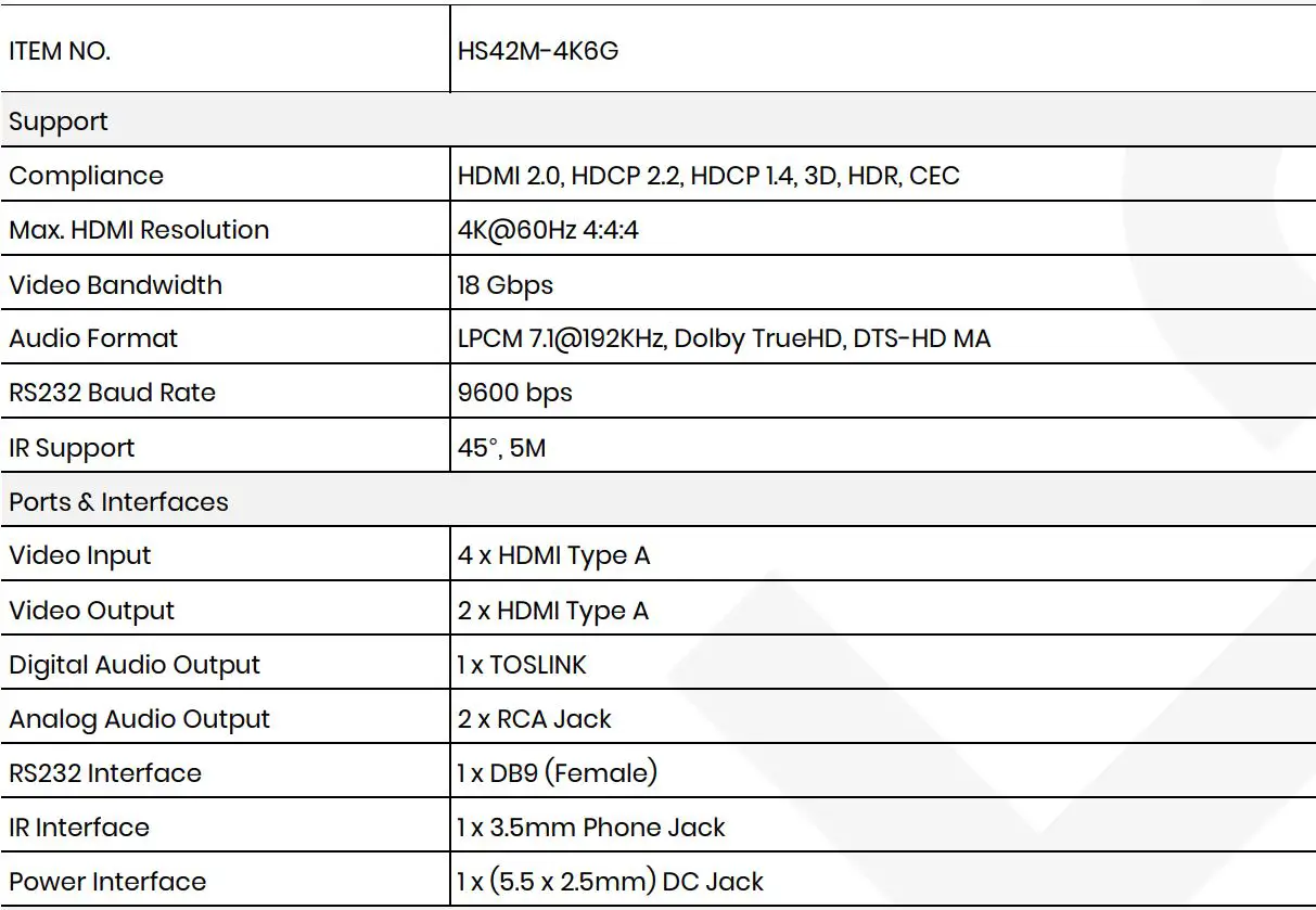 SC T HS42M-4K6G 4K 60Hz 4 x 2 HDMI Matrix Switcher with Audio Extractor and Scaler User Manual - Specification