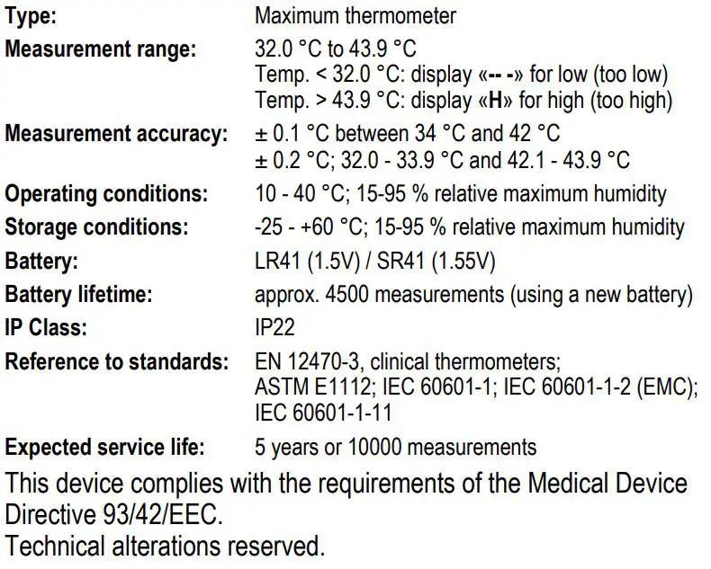 microlife MT700 Digital Thermometer Instruction Manual - Technical Specifications