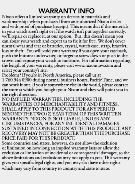 NIXON The Rhythm Watch 100 Meter Digital User Manual - Warranty Info