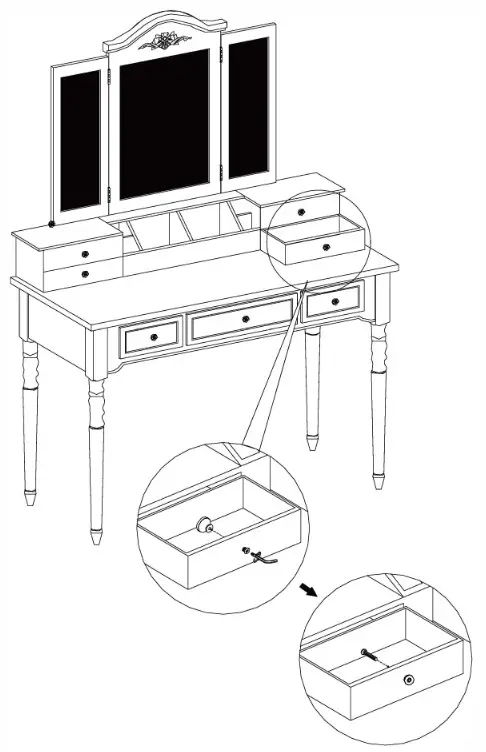honey joy TOPB001338 Coffee 7 Drawers Tri Folding Vanity Mirror Makeup Dressing Table Set - ASSEMBLY STEPS 5