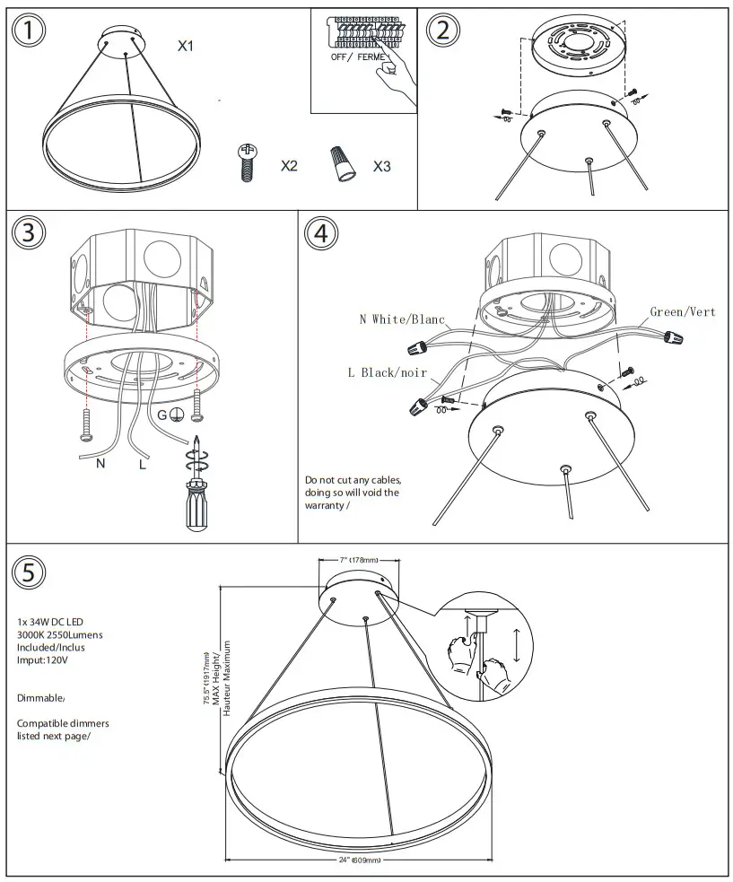 Dainolite CIR-2434C Contemporary Drum LED Pendant Light