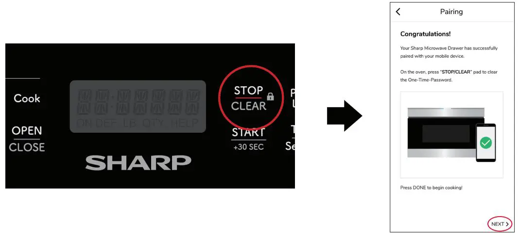 SHARP Convection Microwave Drawer Oven SMD2499FS User Guide - On the oven press STOP CLEAR button to clear the One-Time-Password.