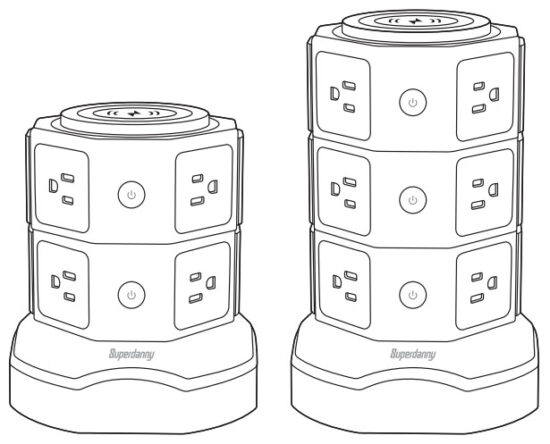 Superdanny QK1260 U3W Surge Protected Power Tower with Wireless Charge and USB Ports