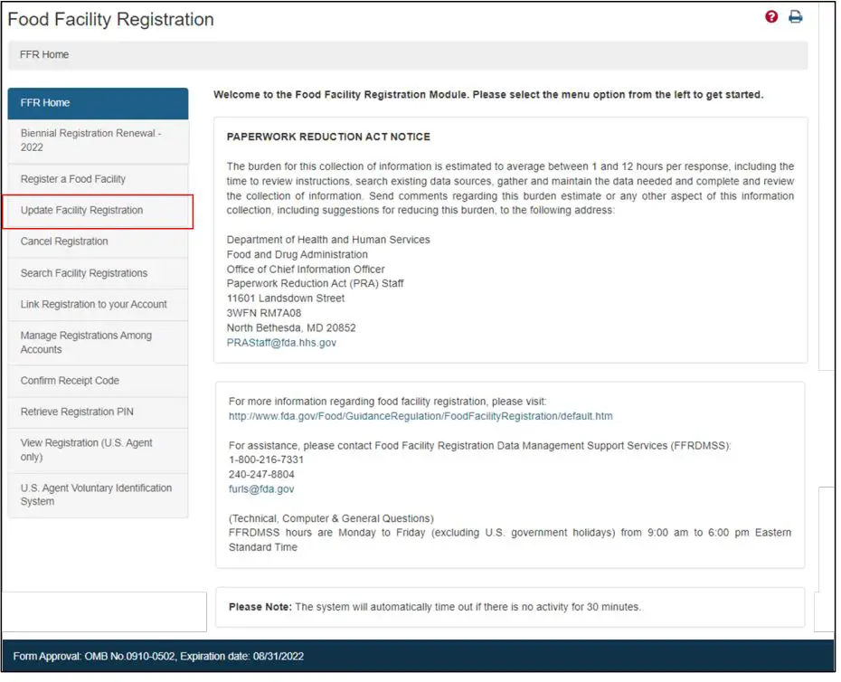 FDA Food Facility Registration 1