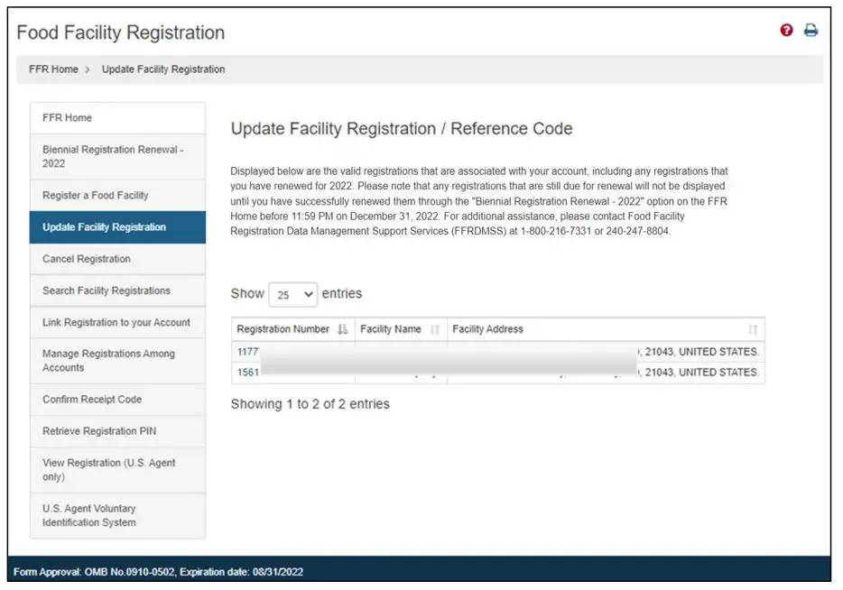 FDA Food Facility Registration 2