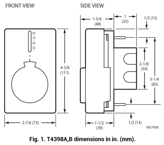 resideo T4398A,B Precision Electric Heating Thermostat - Specification - Dimensions