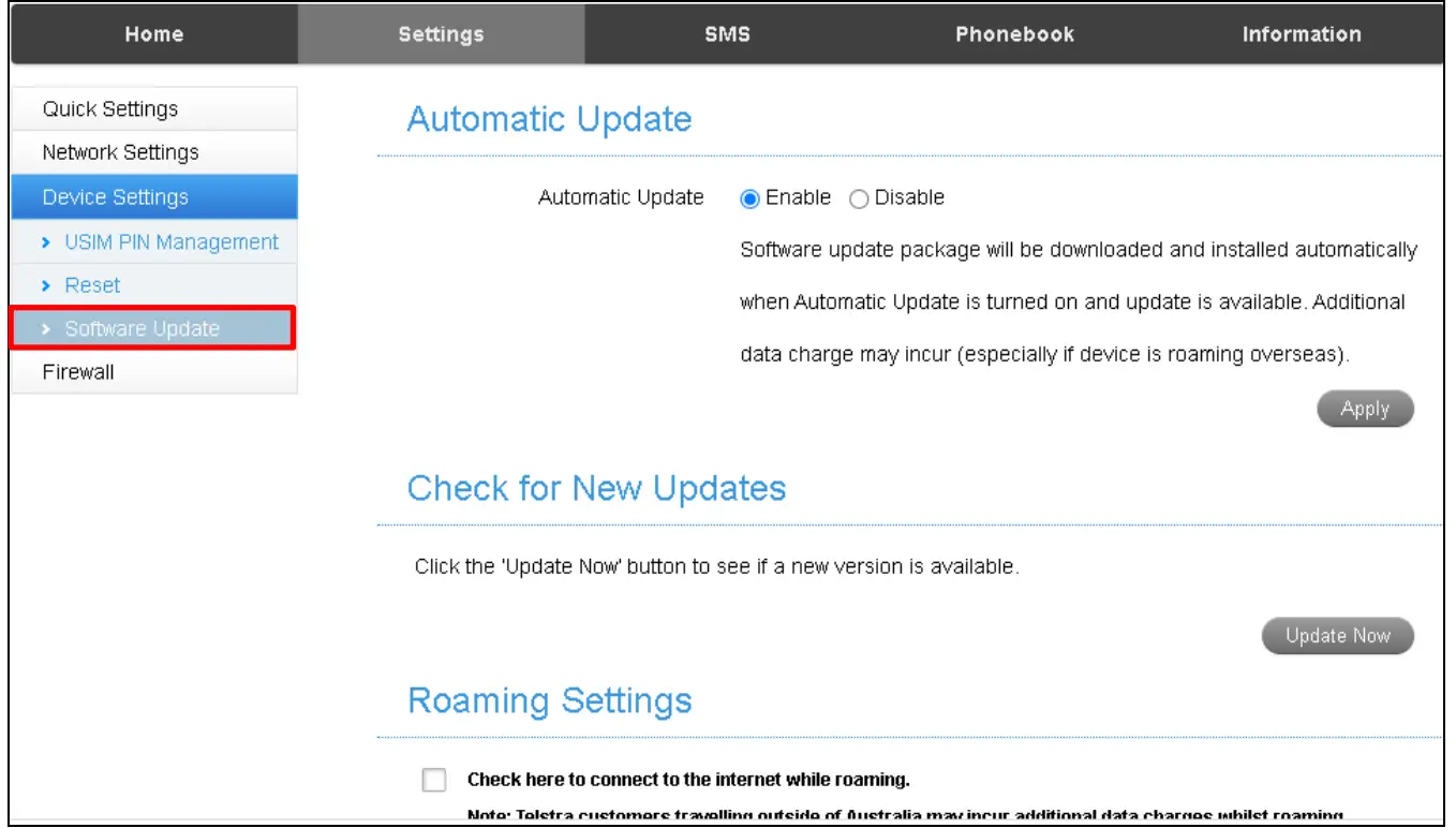 Settings > Device settings > Software Update