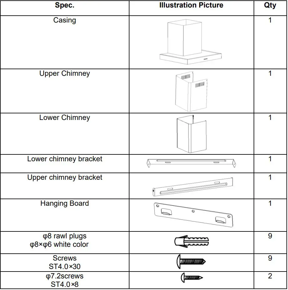 Hoover HBVS685TX 60cm Cooker Hood User Manual - Standard Installation Accessories List