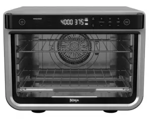 a silver oven and a microwave