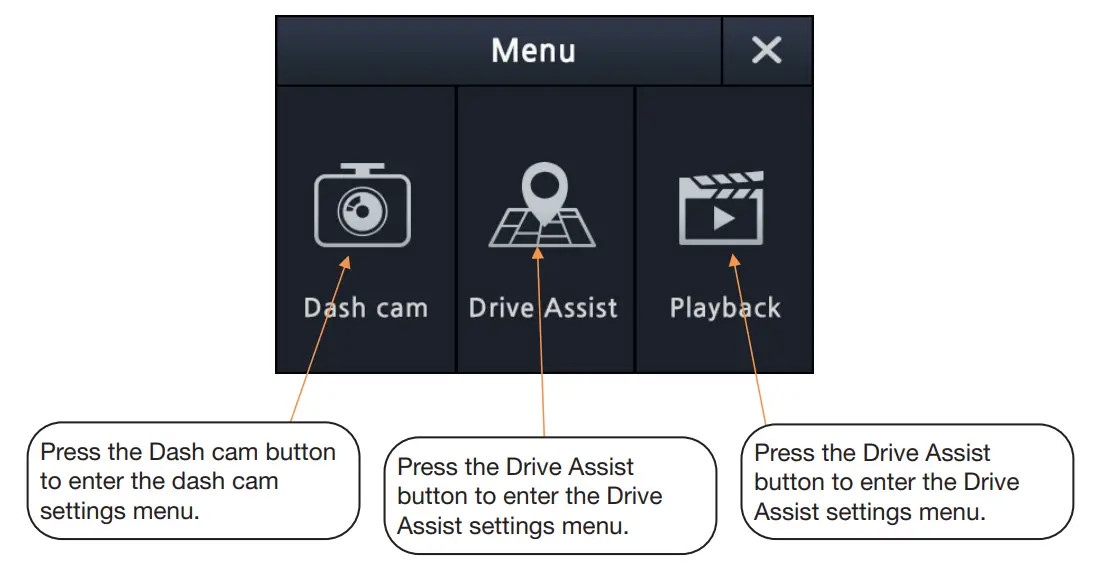 aguri DX4000 Drive Assist Dash Cam Speed Trap and Speed Limit Alert System - Settings menu
