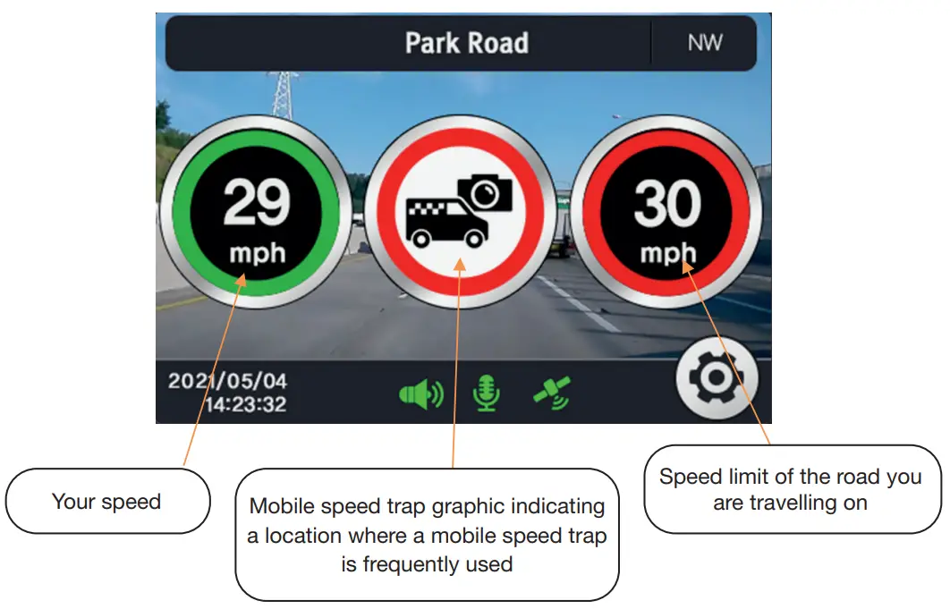 aguri DX4000 Drive Assist Dash Cam Speed Trap and Speed Limit Alert System - camera alert 2