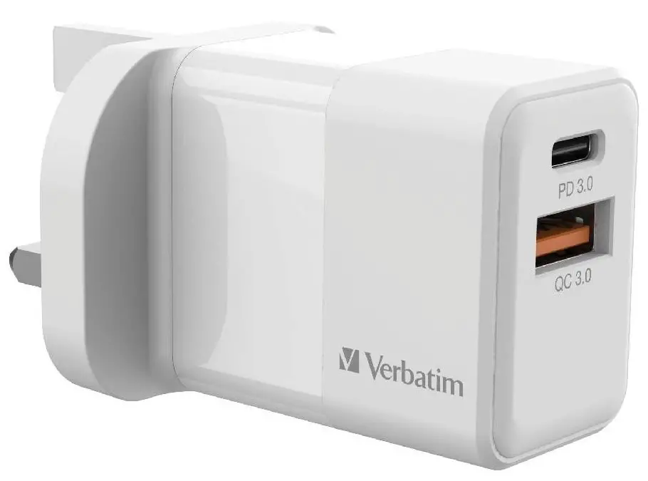 Verbatim VAPUC102 Dual Ports 20W PD AND QC USB Charger 2 Port USB 3 Pin Plugs image