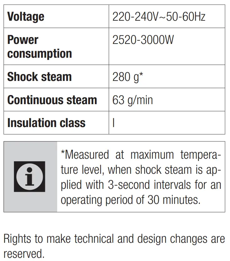 beko SPA 9130 B Steam Iron User Manual - Technical data
