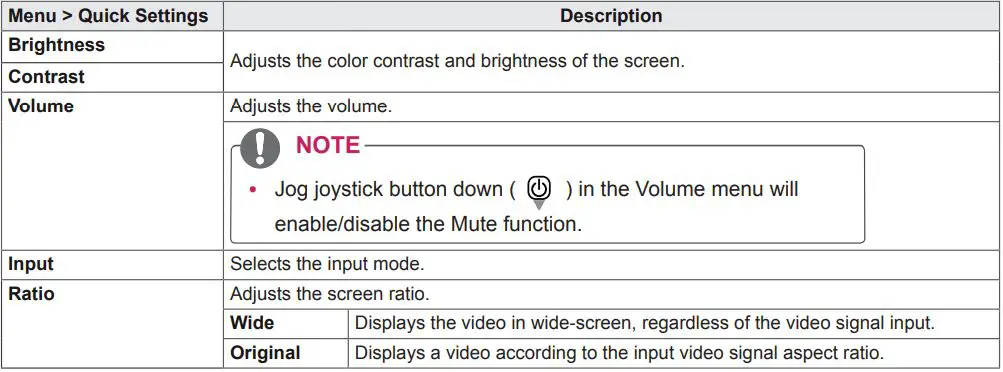 LG IPS LED MONITOR Owner’s Manual - Quick Settings Table
