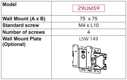 LG IPS LED MONITOR Owner’s Manual - Wall mount screw size