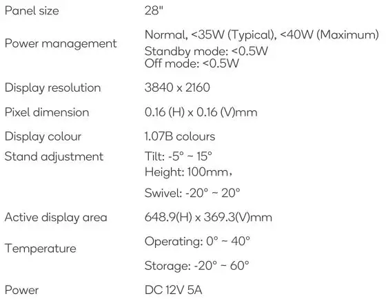 kogan 28 inch Ultra HD 4K Freesync Monitor - SPECIFICATIONS