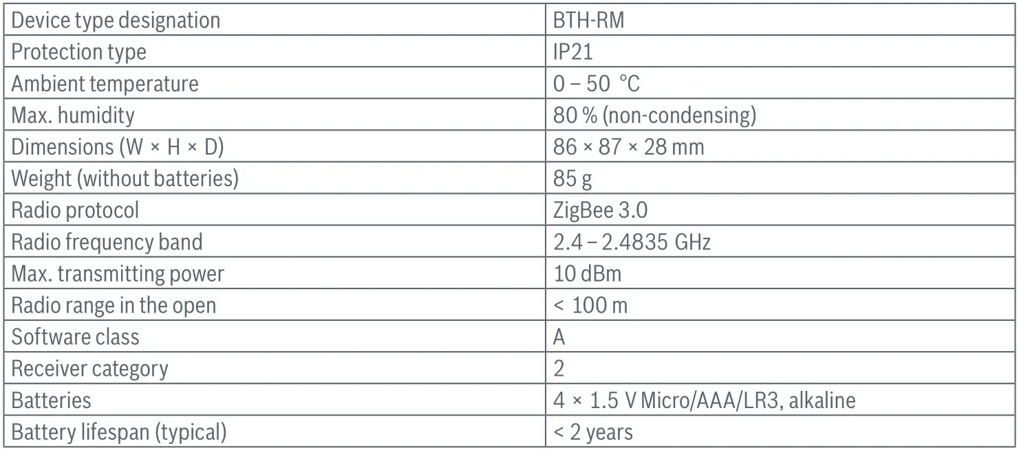 BOSCH 8750001259 Smart Home Room Thermostat - Technical data