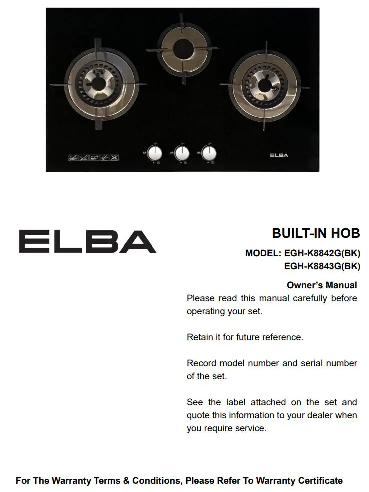 ELBA EGH-K8843G BK Built-In Hob Gas Stove Owner’s Manual