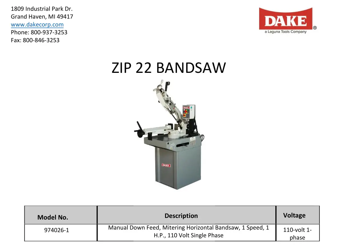DAKE 974026-1 ZIP 22 Mitering Bandsaw Instruction Manual