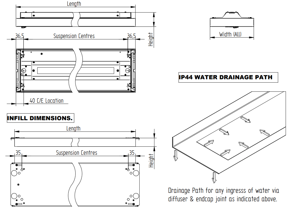 Whitecroft lighting SNPCH121W Selene 2 Suspended LED Luminaire - LUMINAIRE DIMENSIONS