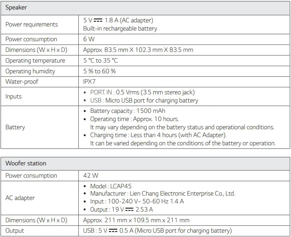 LG Portable Bluetooth Speaker Owner’s Manual - Specifications