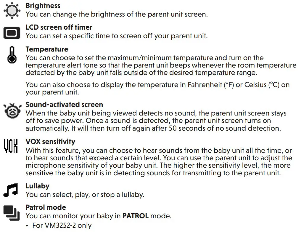vtech VM3252 Video Monitor User Guide - Main menu icons