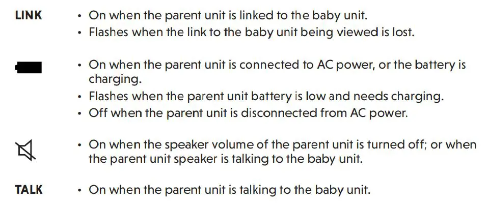 vtech VM3252 Video Monitor User Guide - Parent unit lights