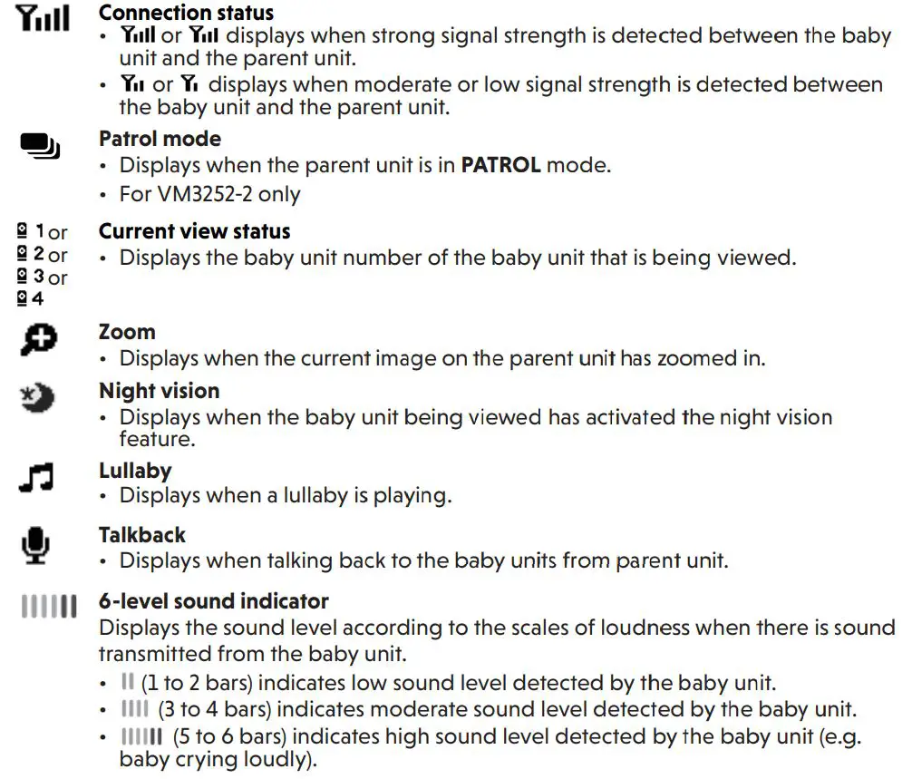 vtech VM3252 Video Monitor User Guide - Status icons