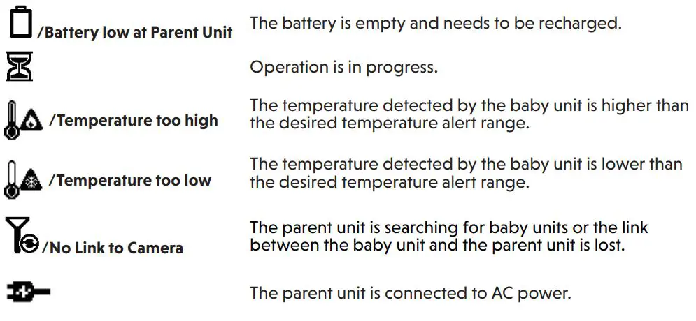 vtech VM3252 Video Monitor User Guide - Warning icons and messages