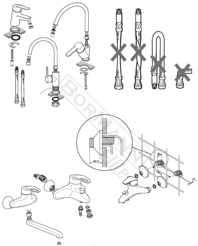 BORMANN BTW Series Wall Mounted Kitchen Faucet - Parts List