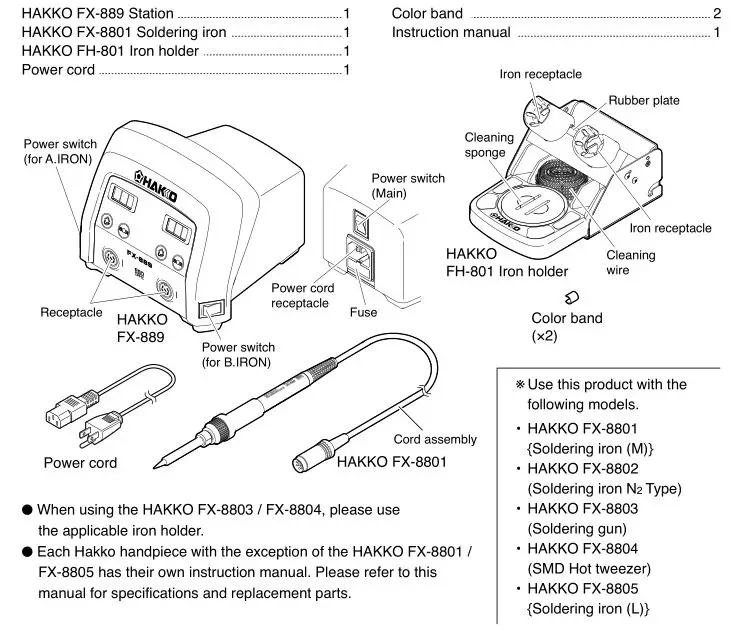 Hakko Soldering Station HAKKO FX-889 - Packing list and Parts Names