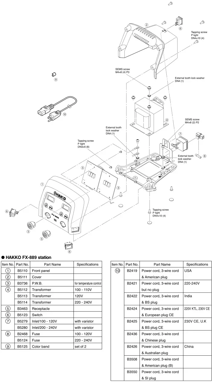 Hakko Soldering Station HAKKO FX-889 - Parts List (Station)