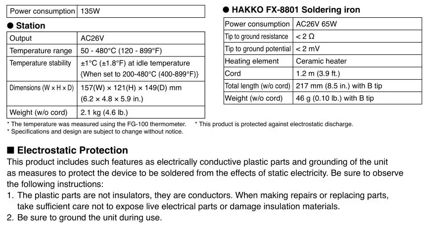 Hakko Soldering Station HAKKO FX-889 - Specifications