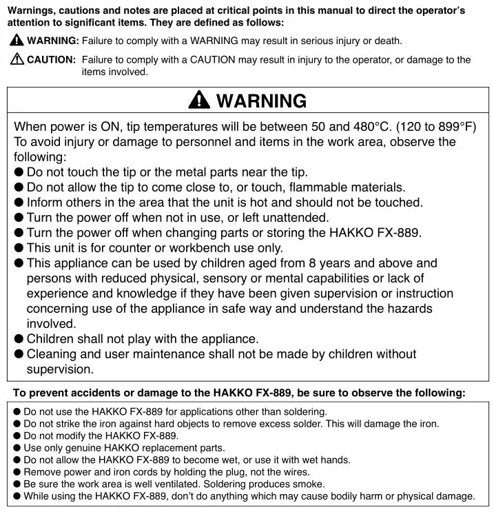 Hakko Soldering Station HAKKO FX-889 - Warnings, Cautions and Notes