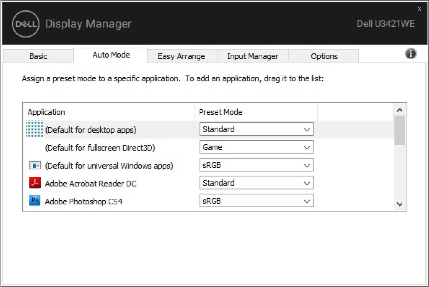 Assigning Preset Modes to Applications
