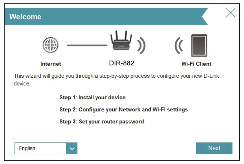 EXO D-Link AC2600 MU-MIMO Wi-Fi Router - Welcome screen appears