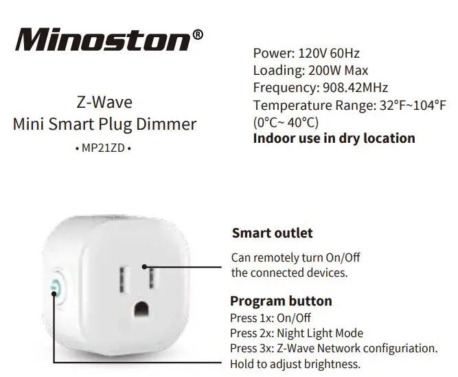 Minoston MP21ZD Z-Wave Mini Smart Plug Dimmer User Manual