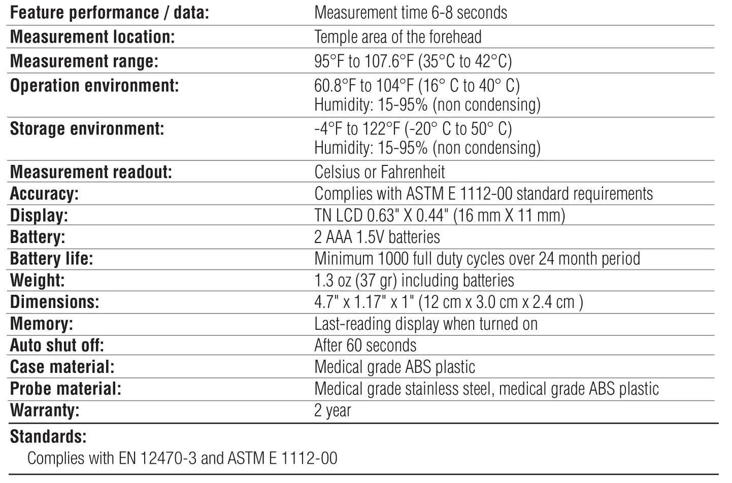 ADC Adtemp 427 TempleTouch Thermometer - Specifications