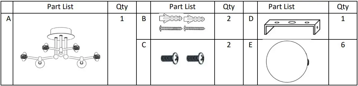 Johan Lewis Molecule 6lt Flush Ceiling Light User Manual - Parts list