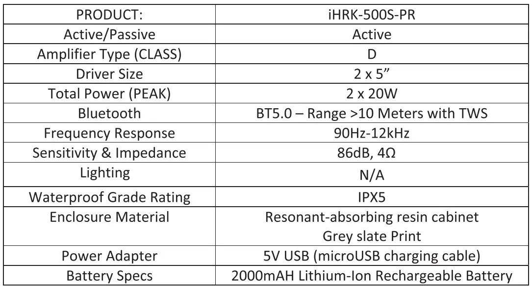 iHOME iHRK-500S-PR Waterproof TWS Bluetooth Outdoor Rock Speakers User Manual - Specifications