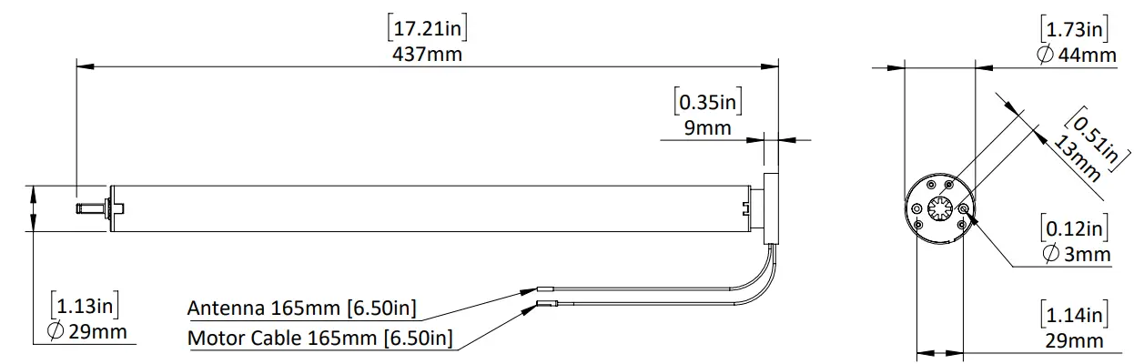 AUTOMATE MTDCRFQ28-2 DCRF Q2 12VDC Roller Shade Motor - DIMENSIONS