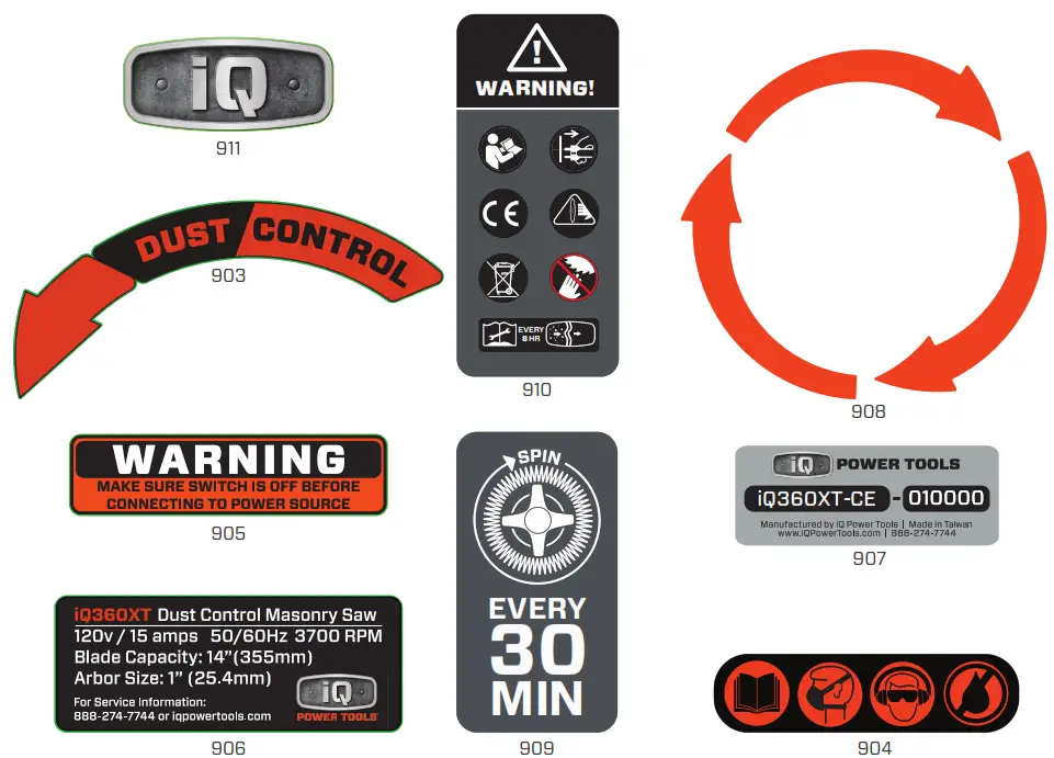 iQ POWER TOOLS iQ360XT 230v 14 Inch Dust Control Table Saw - LABELS