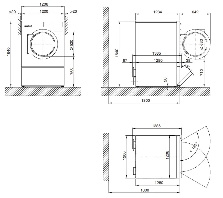 Miele PDR 944 Commercial Dryer Electrically Heated - Dimensions