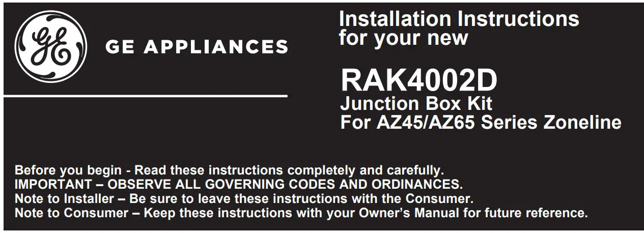 GE APPLIANCES RAK4002D Junction Box Kit Installation Guide