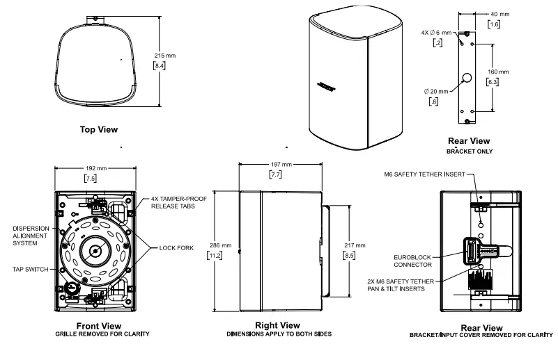 BOSE 201BDM5SEB Design Max DM5SE Surface Mount speaker Pair - Dimensions