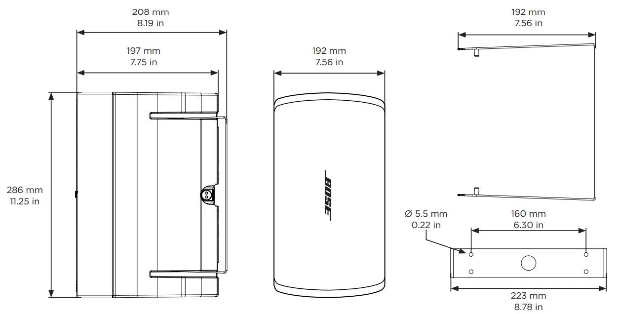 BOSE 201BDM5SEB Design Max DM5SE Surface Mount speaker Pair - Product Dimensions