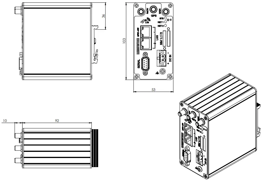 westermo MRD-455-NA Industrial Cellular Router - Dimensions
