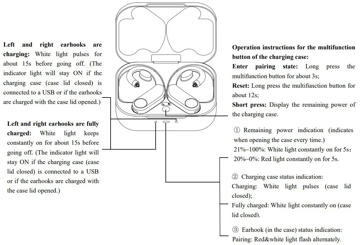 FiiO UTWS5 True Wireless Bluetooth User Guide - Instructions for multifunction button of the charging case & indicator light