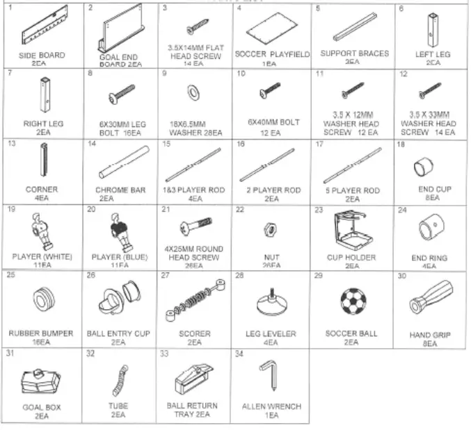 SIMBA Top Class Professional Soccer Table for Football - part list